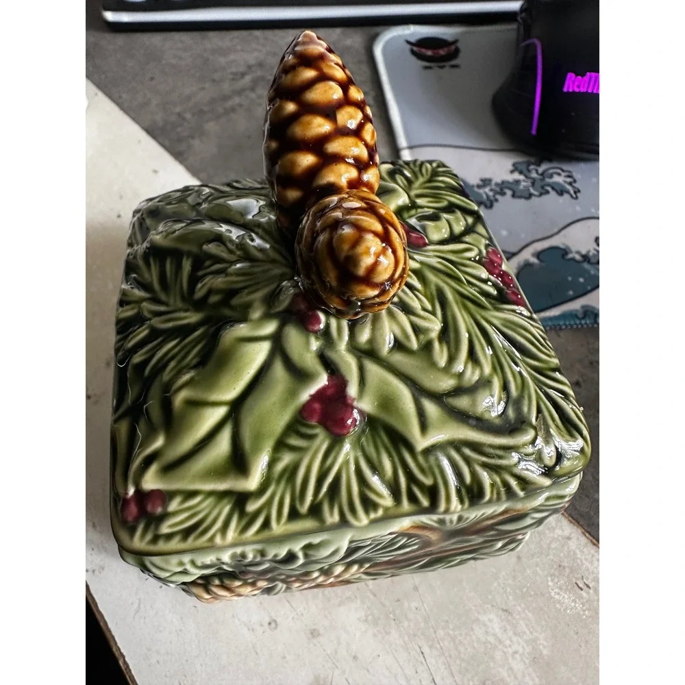 Grasslands Road Ceramic Pinecone Candle Jar with Lid Christmas Winter Decor